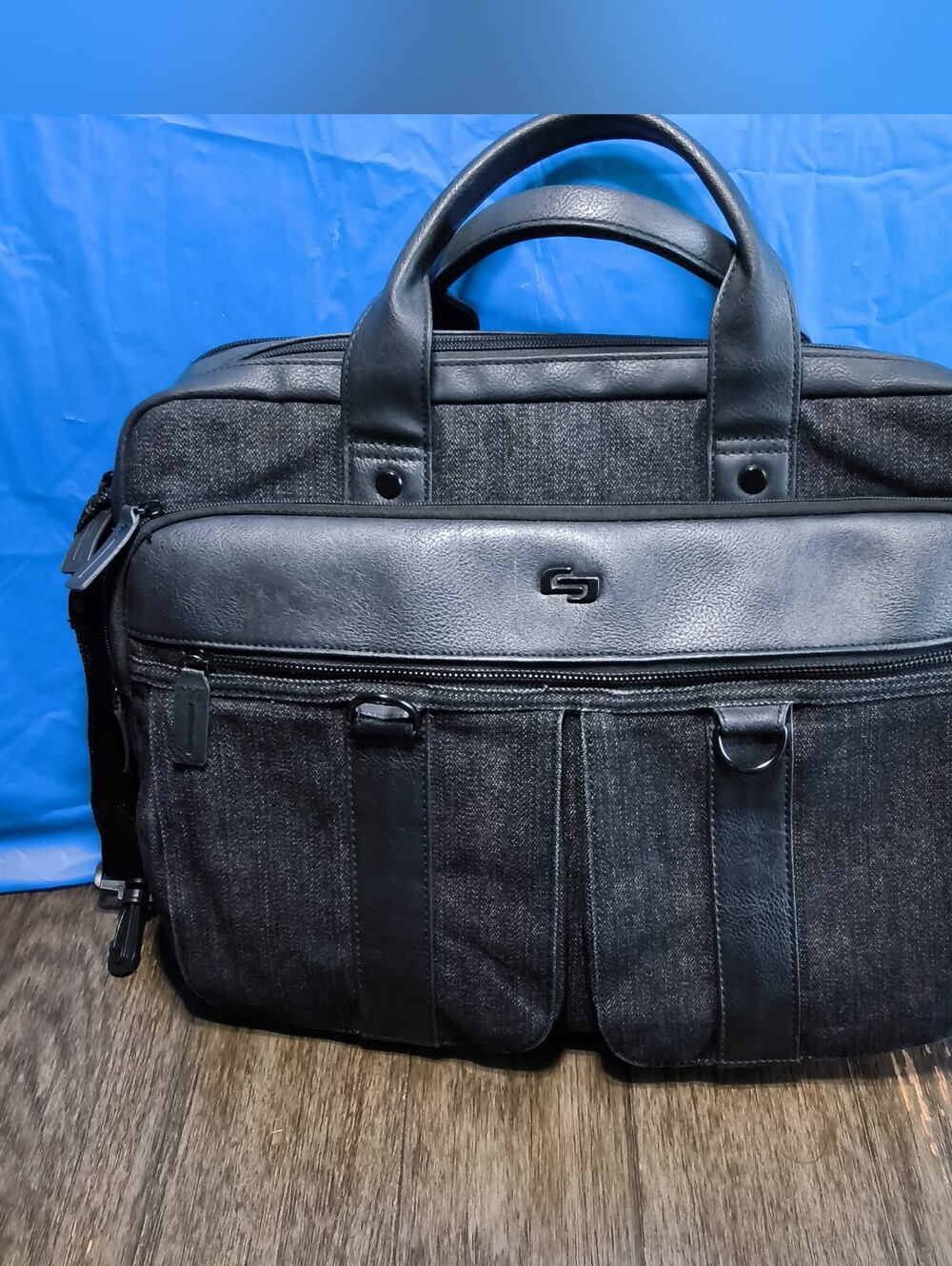 Solo New York Laptop Briefcase Messenger Bag Black Denim Faux Leather Business - Picture 4 of 9